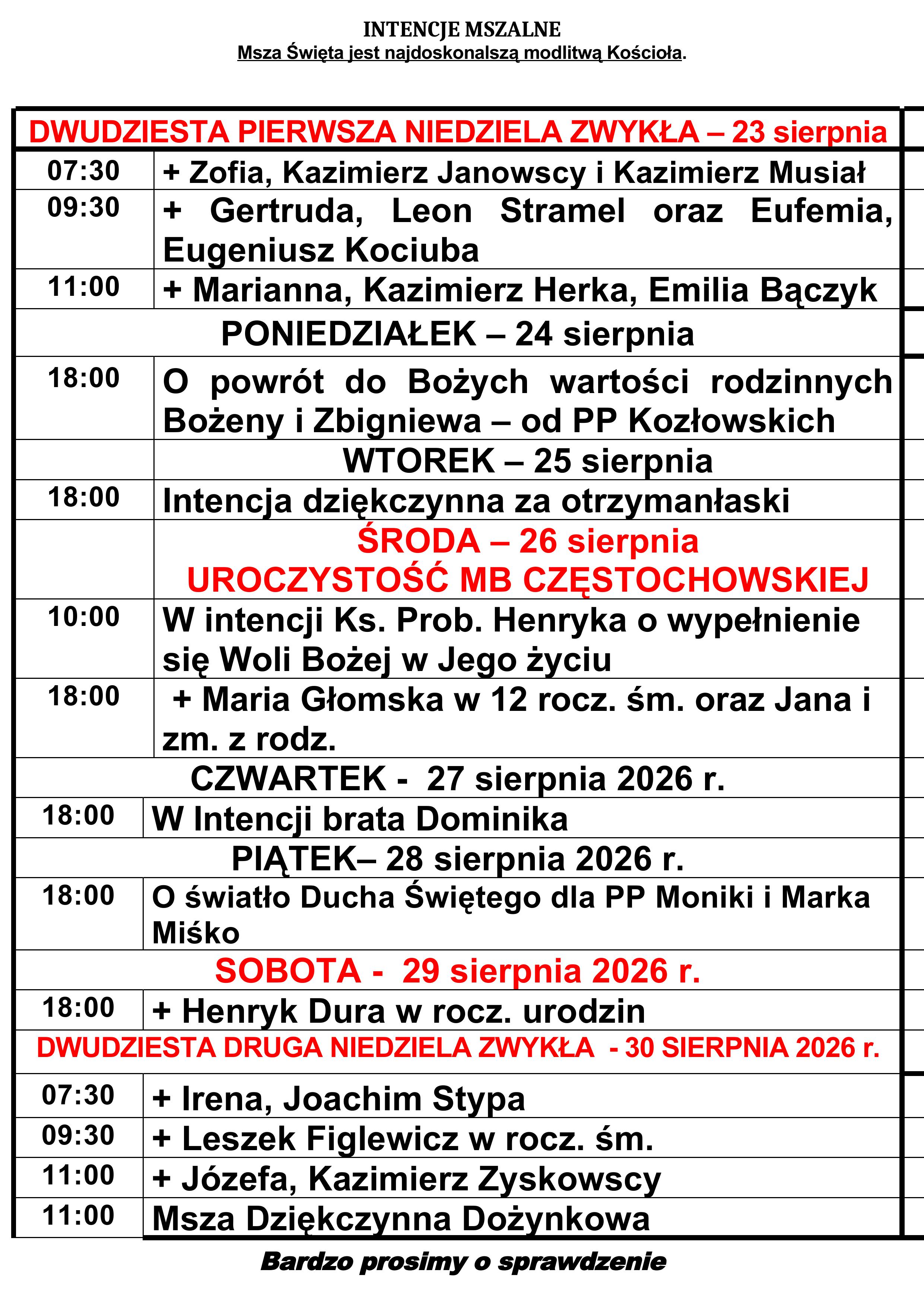 Intencje mszalne 23-30.08.2026
